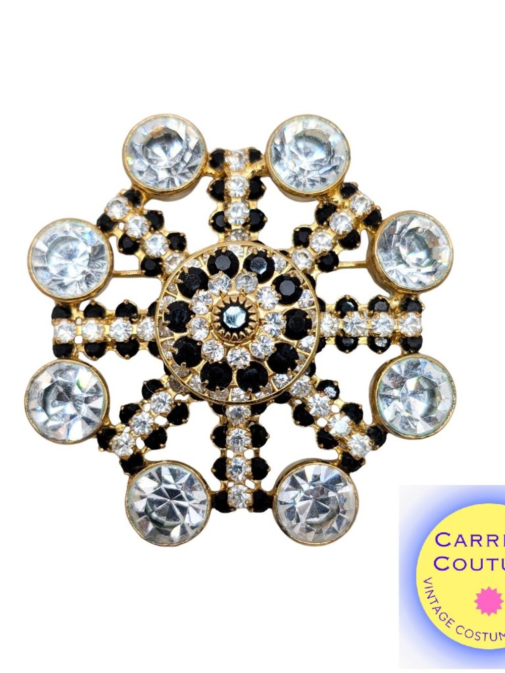 Vintage 1960s Signed Hobe Faux-Onyx & Clear Rhinestone Brooch
